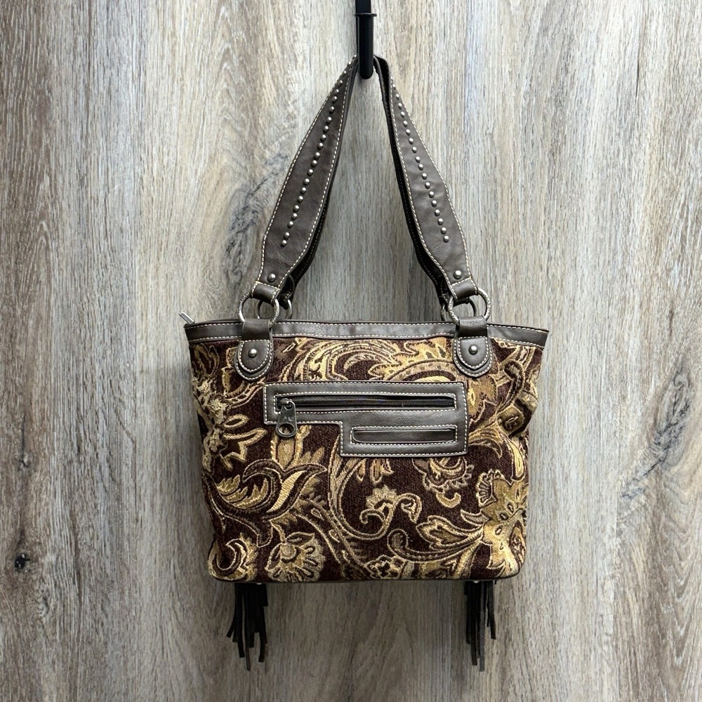 Montana West Cowgirl Tapestry Handbag Turquoise Concho Handles Rhinestone Bling - Picture 3 of 16